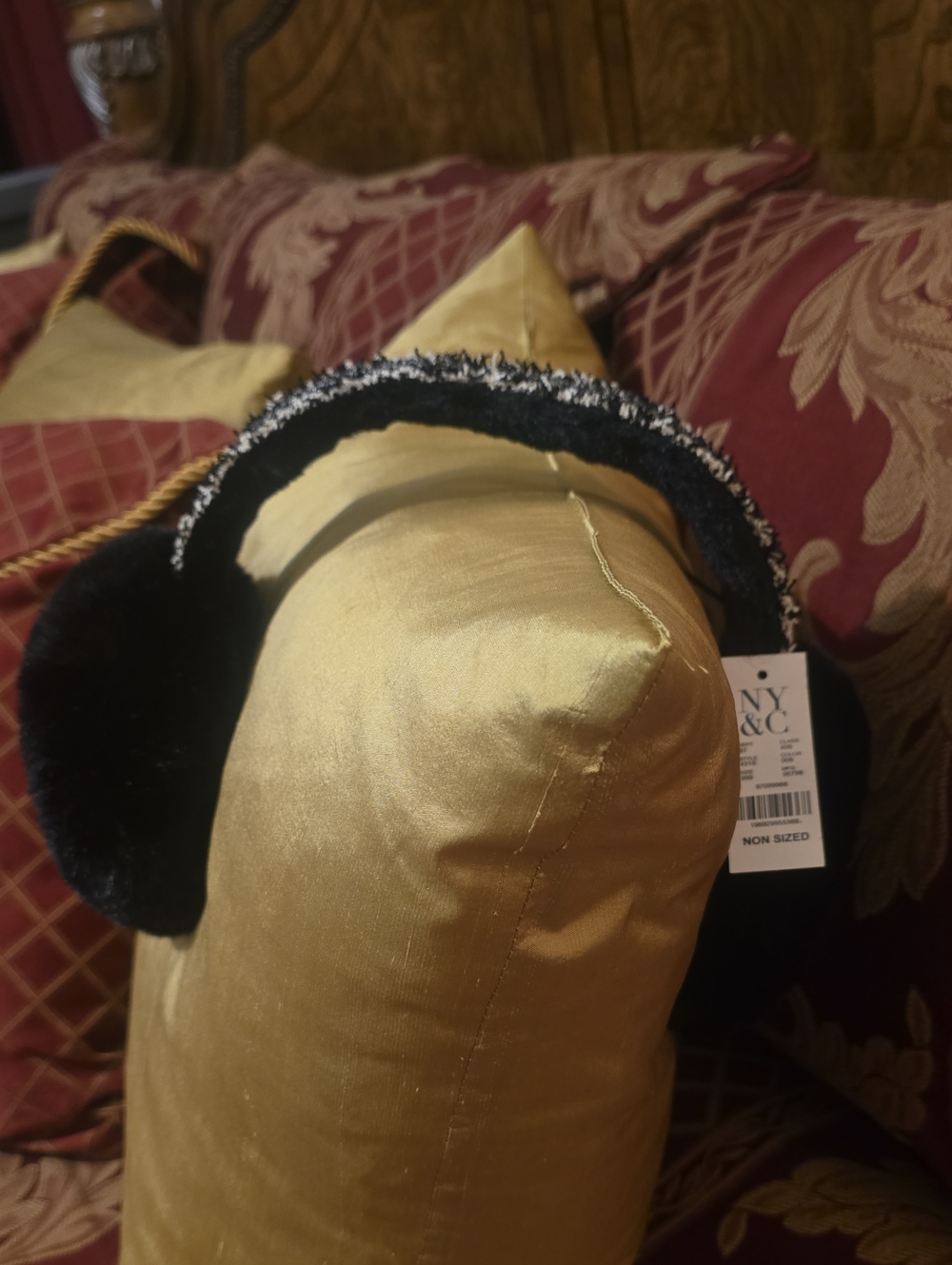 New York & Company Large Black Faux Fur Ear Warmers with Trim